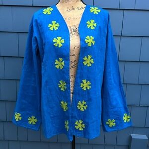 💙💛💙Indian cotton cover up blue embroidered green flowers linen cotton